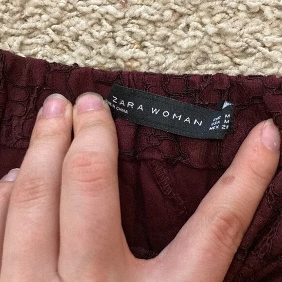 Zara Womens Lace floral Culottes Trousers Pants Wide Leg Burgundy Medium - Picture 5 of 5